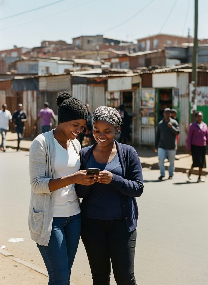 Two friends looking at a smartphone on a township street