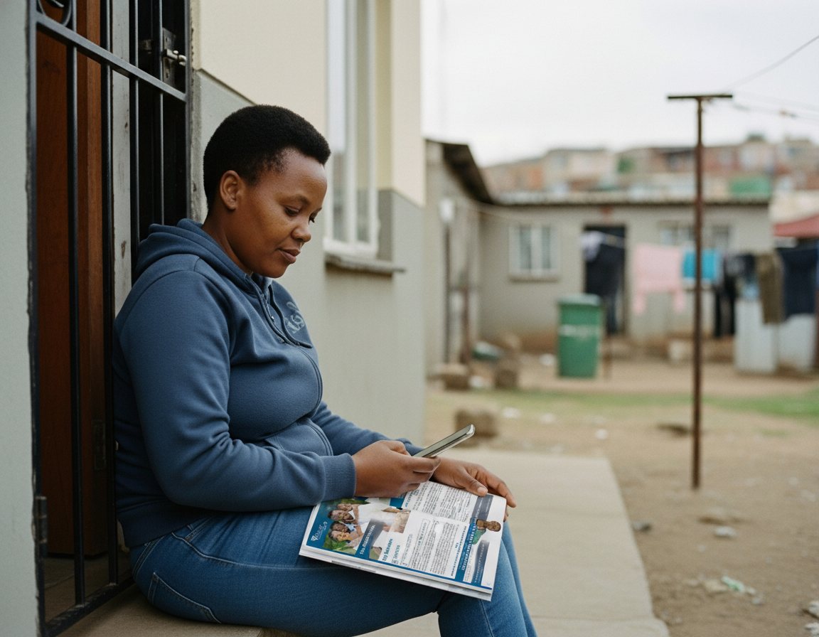 A woman in a township reading the Asuer catalogue