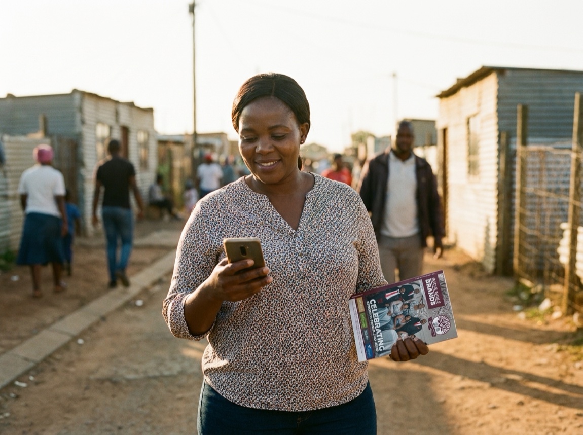 A South African entrepreneur holding the Botle Buhle Brands catalogue and her smartphone.